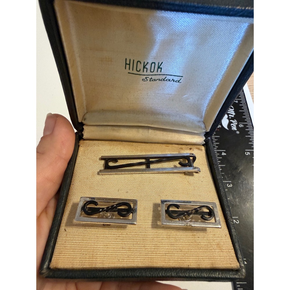Vintage Hickok Standard Cufflinks Tie Bar Set Silver Tone Black Scroll USA Made